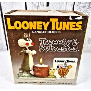 VTG Warner Bros Sylvester Tweety Candle Holder Porcelain 1980 NIB Looney Tunes